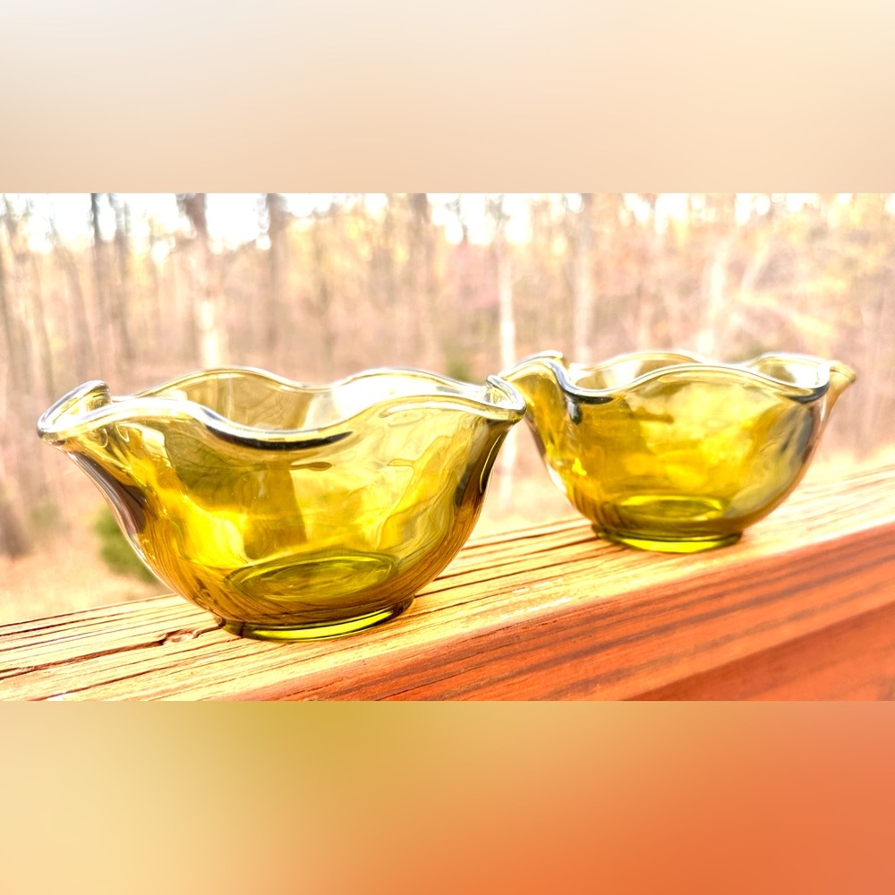 Vtg MCM Anchor Hocking Avocado Green Glass Dip/Nut/Candy Dish Bowls set of 2 - Picture 8 of 10